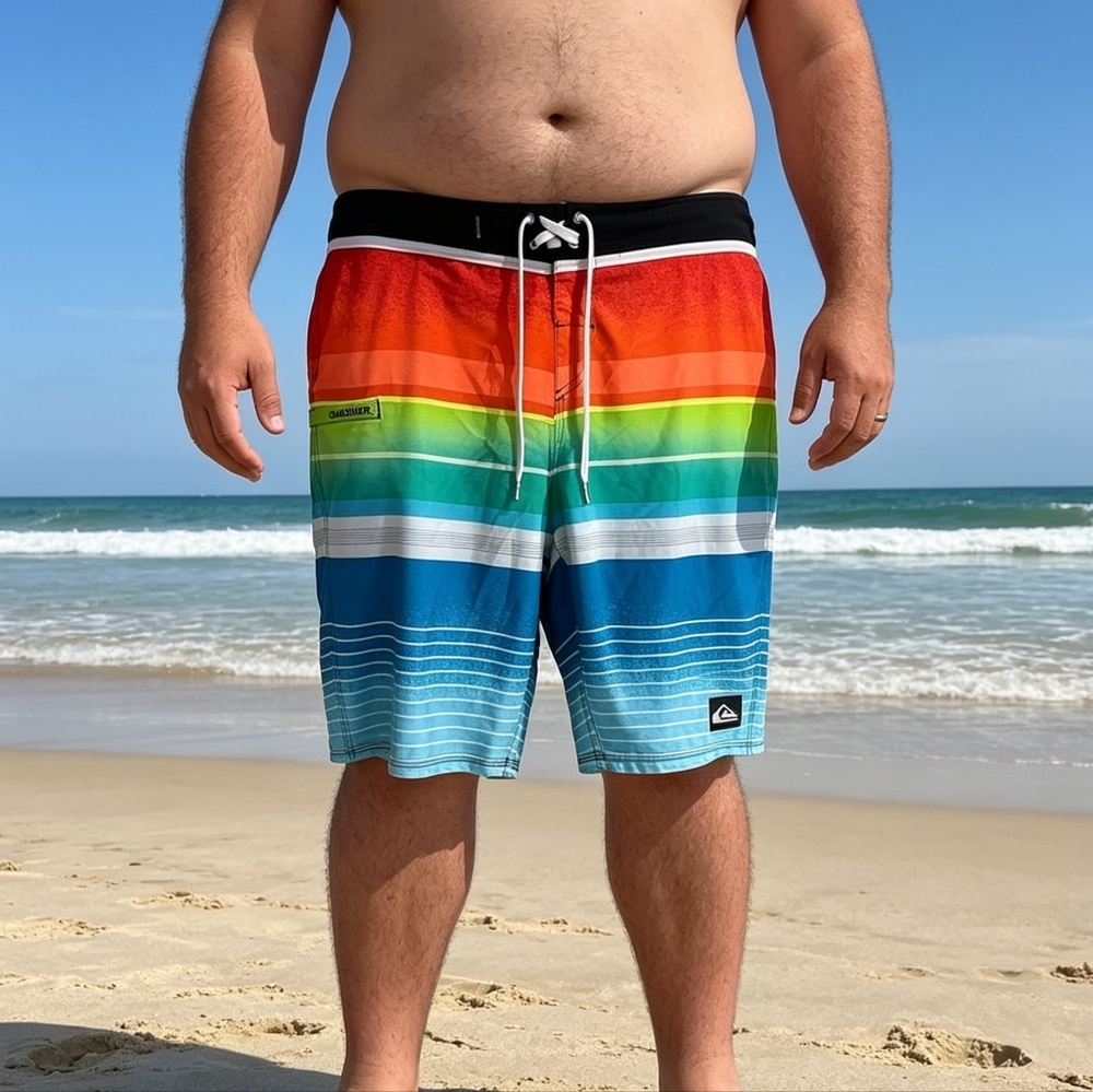 Quiksilver Men’s Size 38 Rainbow Stripe Board Shorts Swim Trunks Beach Shorts